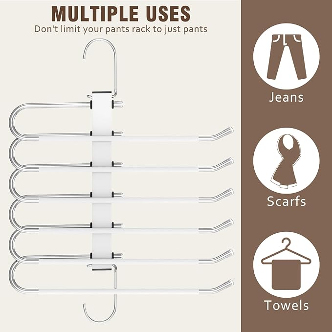 4 Pack 6-Tier Space Saving White Pant Hangers, Anti-Slip, Lightweight, Stainless Steel, Ideal for Closet Organization, Free Installation