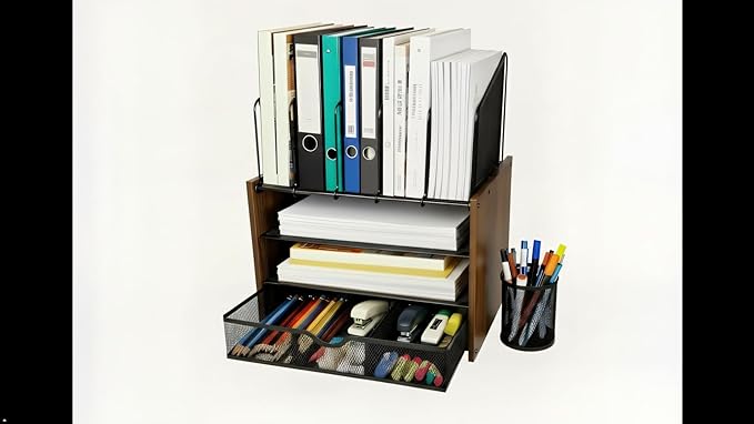 Wooden & Metal Desk Organizer – 4-Tier Vertical Desktop Storage with File Trays, Pen Holder & Drawer – Space-Saving Office & Home Workspace Organizer