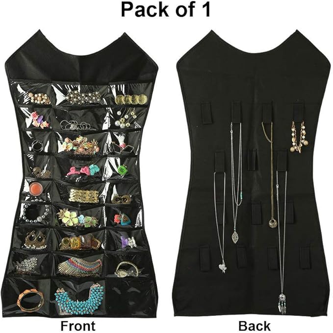 Fabric Double Sided Dress Style Hanging Organizer for Jewellery and Makeup Accessories Organizer for Necklaces, Chains, Earrings, Watch, Pendants & Cosmetics (Black) -Ctktc034754