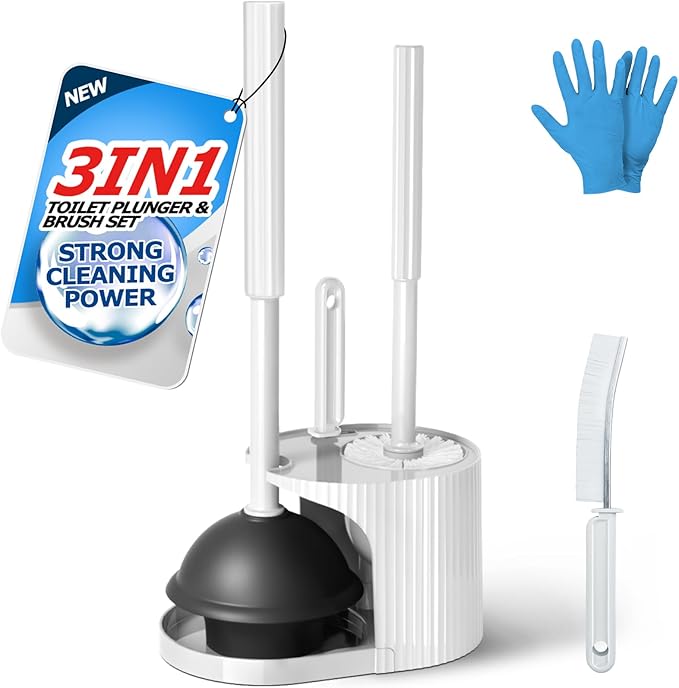 3 in 1 Toilet Brush and Plunger Set,Toilet Bowl Brush Plunger Set,Toilet Brush Plunger Combo,Cleaning Brush,Cleaning Supplies, Crevice Cleaning Brush, Bathroom Cleaning Tools, White