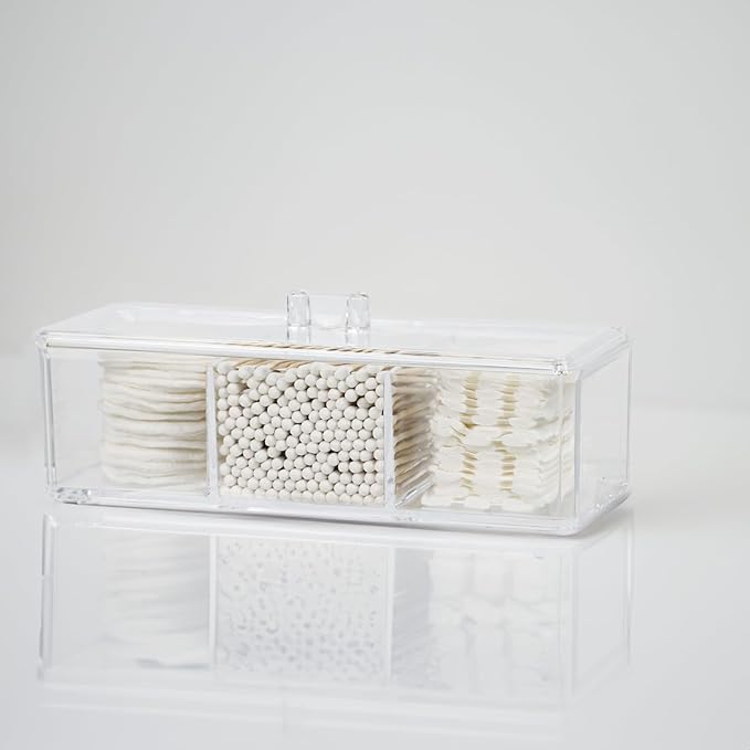 Clear Bathroom Dresser Organizer - Cotton Ball Swab Holder with 3 Divided Compartments&Lid, , Waterproof Transparent Small Plastic Storage Containers, Vanity Makeup Organization