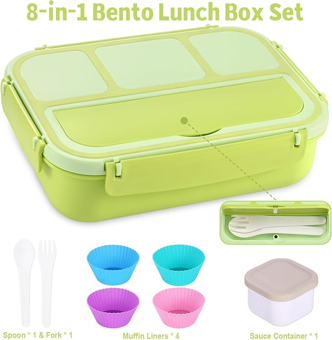 Bento Box Adult Lunch Box, Lunch Containers for Kids Girls Boys with 4 Compartments, Lunchable Food Container with Utensils, Sauce Jar, Muffin Liners, 40 Oz/5 Cup, Bright Green