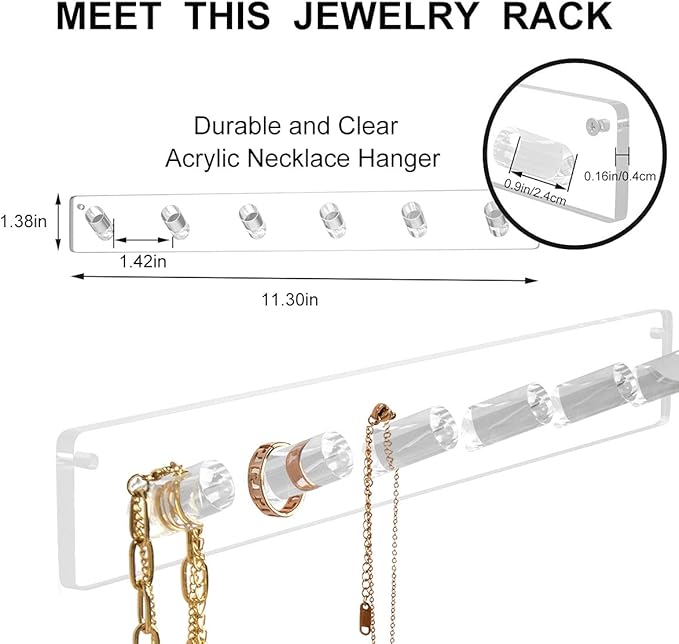 AITEE Necklace Holder, Acrylic Necklace Organizer Wall Mounted with 6 Hooks, for Hanging Necklace, Jewelry, Bangles, Bracelets and Rings, Best Gifts for Women(4 PACK)