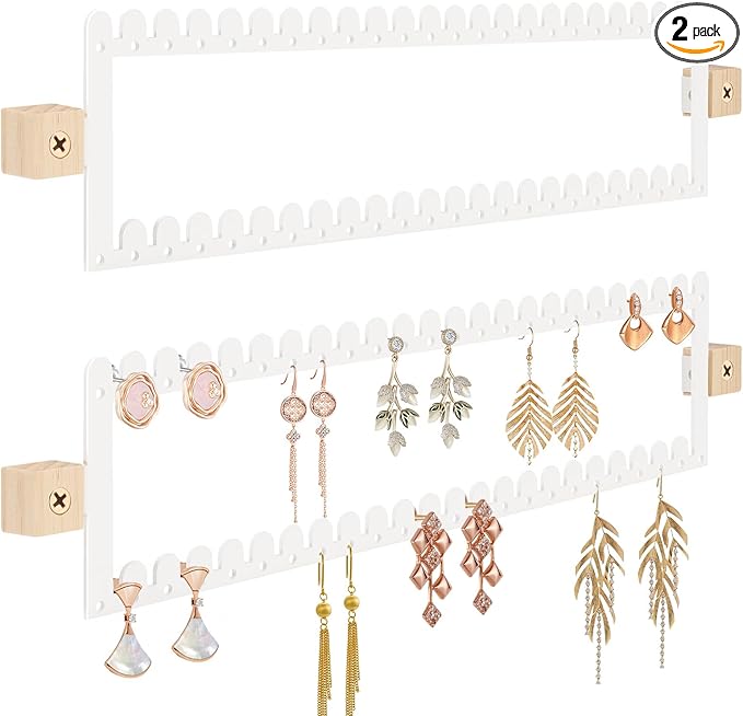 2 Tier Earring Holder Organizer Wall Mounted,2PCS Metal Earring Display Storage with 96 Holes and 92 Grooves Hanging Jewelry Organizer Tree for Stud/Hoop/Dangle Earrings Necklace(White)
