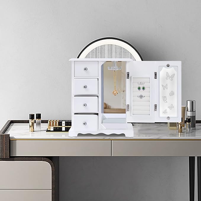 White Jewelry Box - Wooden Makeup and Accessories Organizer with 4 Drawers - Rotatable Hook with Large Mirror Dresser Decor - Wood Jewelry Case with Mirror for Necklaces, Earring, Rings