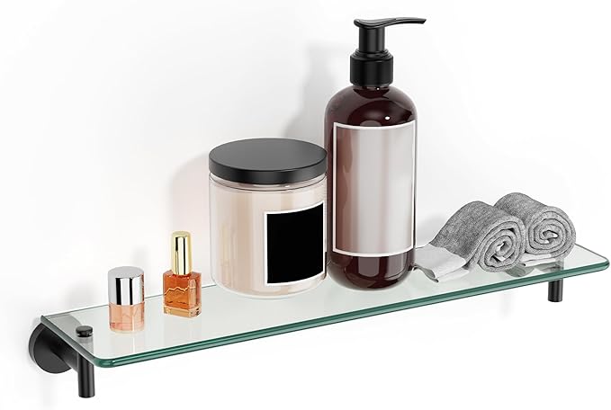 Glass Shelves for Bathroom,20-Inch Matte Black Floating Bathroom Shelf Stainless Steel Tempered Glass Shelf Modern Shelves Wall Mounted