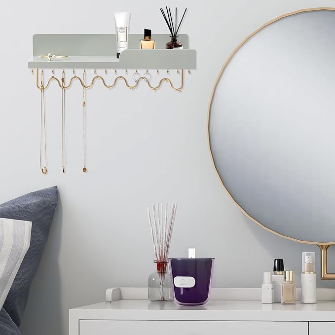 29 Hooks Wall Mount Necklace Holder Organizer, Gray Decorative Wood Jewelry Shelf with Gold Metal Wave Bar and Guardrail for Necklace, Pendant, Chain, Bracelet