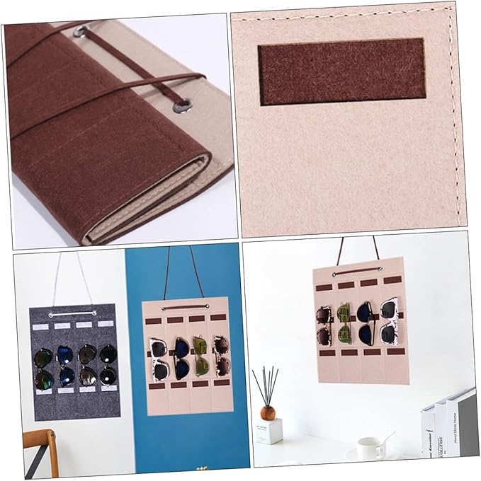 Felt Sunglasses Organizer Wall Hanging Bag Multi-compartment Storage for Eyewear Jewelry Accessories Space-saving Design Material Camel Color
