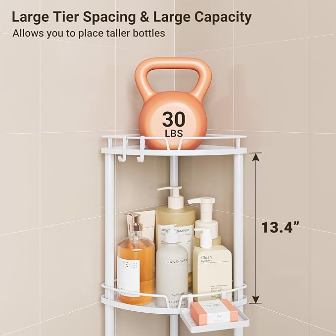 ELYKEN Corner Shower Caddy Standing, 3 Tier Rustproof Metal Shower Organizer with Soap Holder, Floor Shower Corner Shelf Rack Storage Stands with Adjustable Feet & 2 Hooks for Bathroom, White