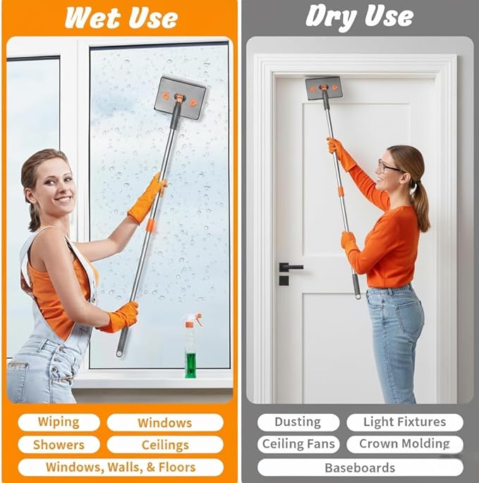 85” Baseboard Cleaner Tool with Handle and Hooks, 180° Rotating Wall Cleaner with Convex Design, Wall Mop with 6 Reusable Pads to Clean Wall, Window, Floor and Ceiling with Extension Poles