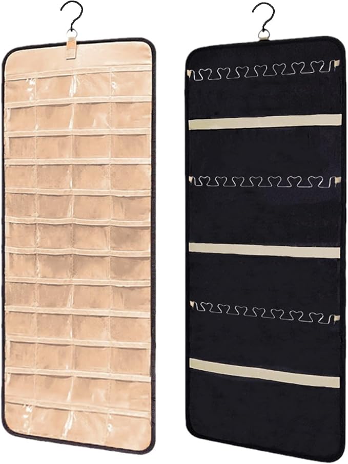 Jewelry Organizer Hanging Storage Roll-Large Closet Wall Jewelry Storage Organizer with Hanger Metal Hooks Travel Jewelry Holder for Earrings, Necklaces, Rings (Black)