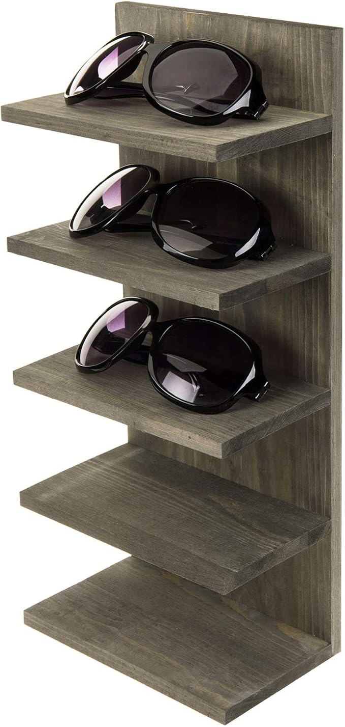MyGift 5 Tier Vintage Gray Solid Wood Sunglasses Holder Rack, Wall Mounted Eye Glasses Shelf or Tabletop Display Stand, Retail Eyewear Showcase Storage Organizer