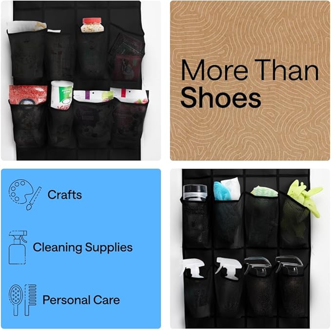GORILLA GRIP Over the Door Shoe Organizer, 12 Large Breathable Mesh Pockets, Space Saving Hanging Storage Holder, 2 Hook Closet Rack Hanger, Hangs on Closets for Shoes, Accessories, 64H x 9.5W Black