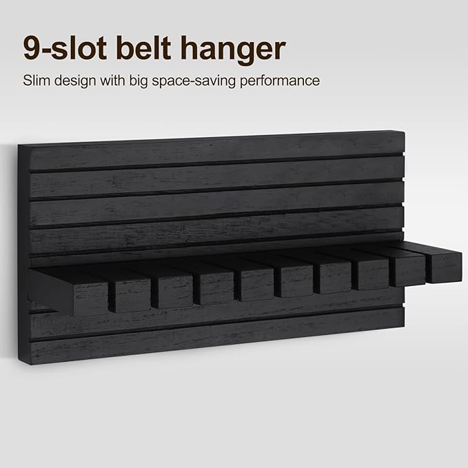 Belt Organizer for Closet, Belt Hanger Wall Mounts to Hold 9 Belts Without Slipping, Space Saving Belt Rack for Closet Organization Includes Mounting Hardware (11.8” x 5.5” x 2.5”) (Black)