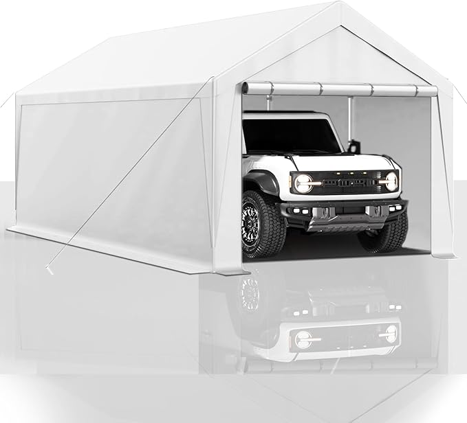 10x20 FT Heavy Duty Carport Car Tent Car Canopy Storage Shed, Portable Garage with Removable Sidewalls & Doors All-Season Tarp for Car,Truck,SUV,Party White