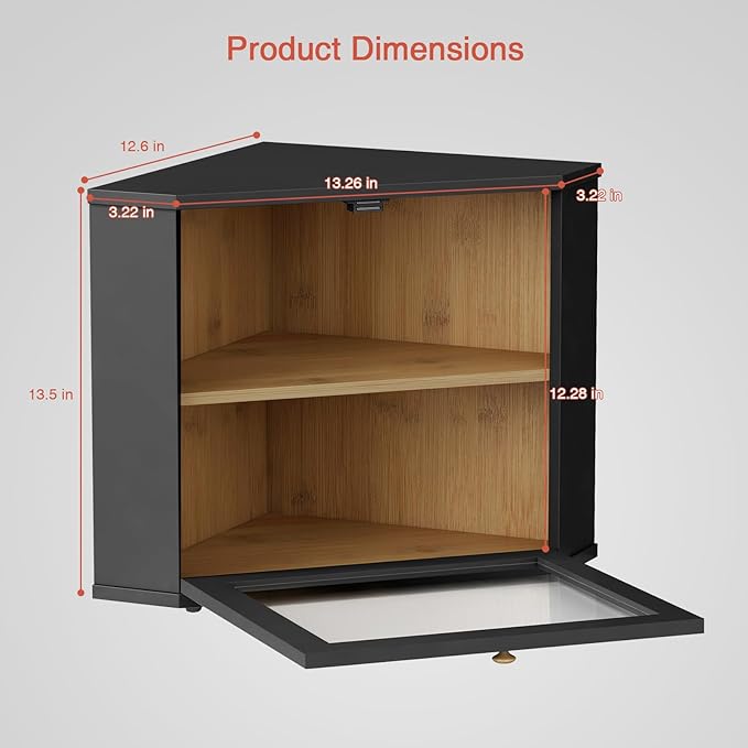 Corner Bread Box for Kitchen Countertop, Black Bread Storage Container for Homemade Bread, Two Layer Breadbox under Cabinet Mount, Large Bread Holder for Kitchen Counter, Pantry Shelf