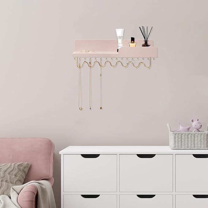 29 Hooks Wall Mount Necklace Holder Organizer, Pink Decorative Wood Jewelry Shelf with Gold Metal Wave Bar and Guardrail for Necklace, Pendant, Chain, Bracelet