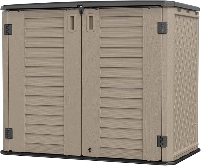 KINYING Outdoor Storage Shed - Horizontal Storage Cabinet Waterproof for Garden, Patio, Backyard, Storage Box for Easy Storage of Garbage Cans, Tools, Lawn Mower, 35 Cubic Feet,Dark Brown