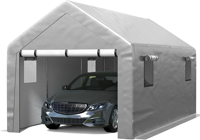 Carport 10x20 FT Enclosed Carport with Roll-up Windows, Portable Garage with Removable Sidewalls & Doors, Car Canopy Tent with Sandbags All-Season Tarp for Car Boat Truck Motorcycle