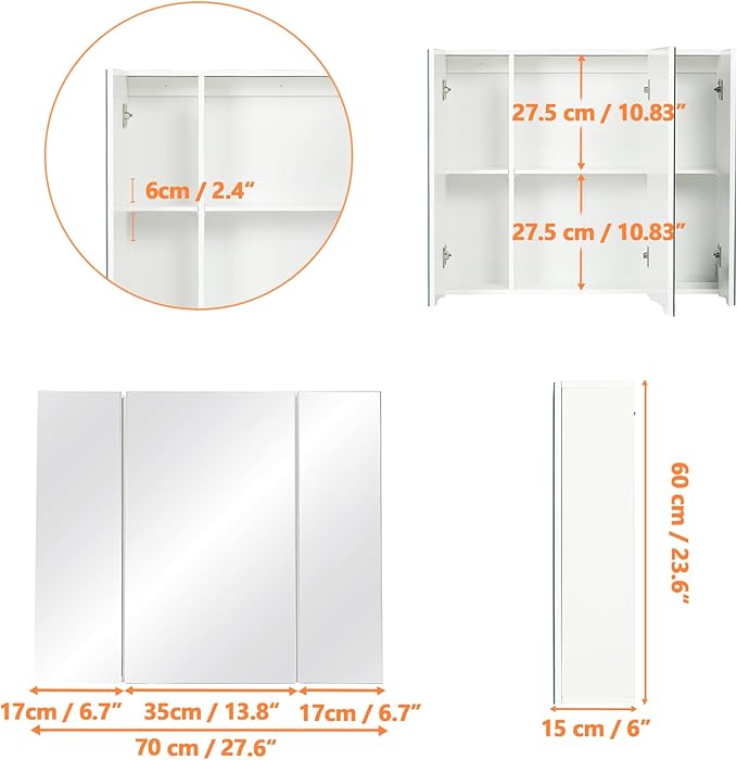 DICTAC Medicine Cabinet Bathroom Mirror Cabinet with 3 Door 27.6x23.62 Inch Bathroom Wall Cabinet with Mirror Wall Mirror Storage Shelf with 3-Adjustable Shelves Storage Organizer Cupboard,White