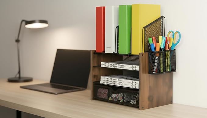 Wooden & Metal Desk Organizer – 4-Tier Vertical Desktop Storage with File Trays, Pen Holder & Drawer – Space-Saving Office & Home Workspace Organizer