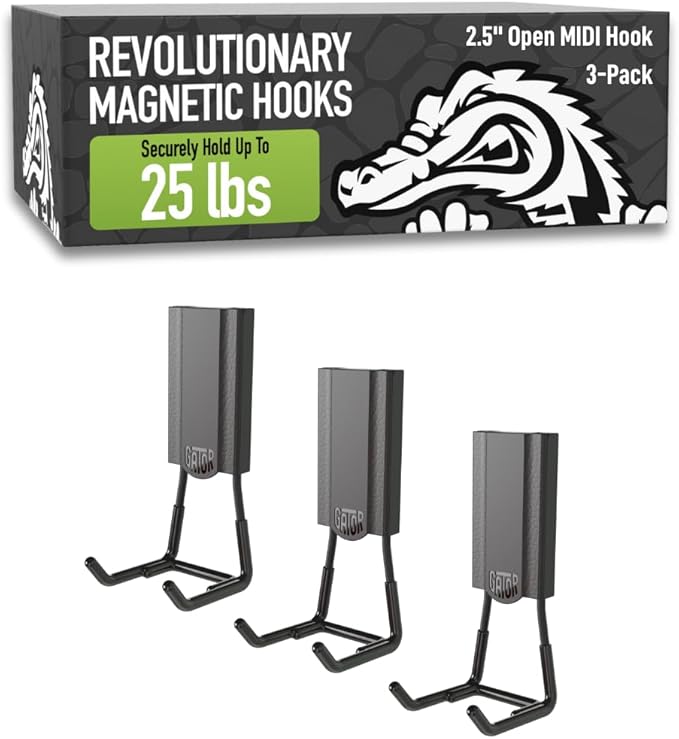 GATOR MAGNETICS MIDI 2.5" Open Hooks, 25 lb Heavy Duty Magnetic Hooks for Steel Surfaces, Patented Easy-Release, Non-Slip Grip – Storage & Organization, Garage, Shed, Home, Cleaning Tools - 3 Pack