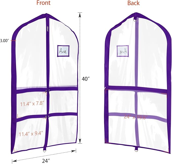 Univivi Clear PVC Dance Costume Bags Garment Bag 40 Inch for Dance Competitions, with 4 Medium Clear Zipper Pockets and 1 Large Back Zippered Pocket (12 Pack, Clear Purple)