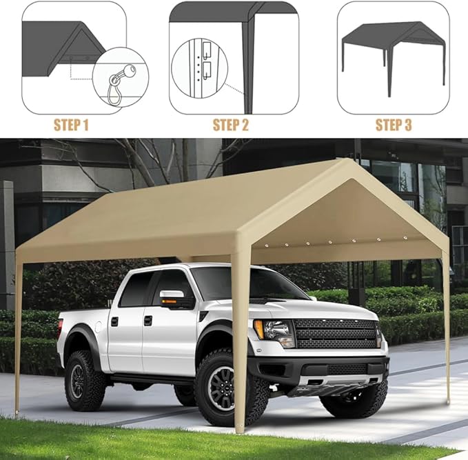 Rutile 10 x 20 FT Carport Replacement Cover, Heavy Duty Car Tarp Canopy Tent Garage Top Shelter Cover with Fabric Leg Pole Skirts and Ball Bungees Beige (Only Top Cover, Frame is not Included)