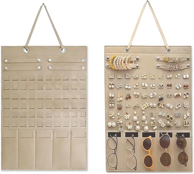Hanging Jewelry Organizer Storage, Wall Jewelry Organizer Storage for Earrings Hooks, Necklaces, Bracelets and Sunglasses, Hanging Jewelry Organizer has Plenty of Space to Store Jewelry, Brown Color