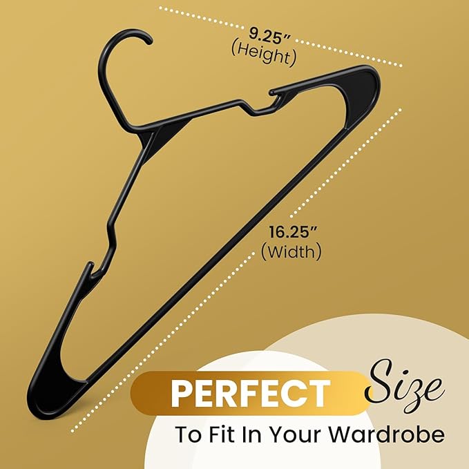 100 Pack Adult Plastic Hanger for Shirt Pants Coats Dresses Skirts Suits Jackets - Standard Thick Coat Hanger - Sturdy & Durable Design with Shoulder Grooves Hook - Black
