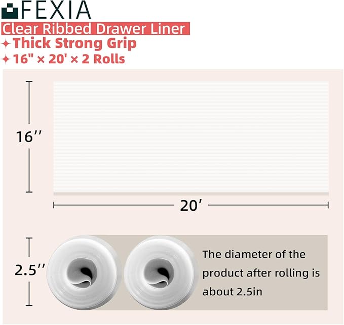 FEXIA Shelf Liners for Kitchen Cabinets Non-Slip Drawer Liner 16 Inches x 20 FT Waterproof & Oil-Proof Non Adhesive Durable Material Fridge Liner for Shelves (2 Rolls)
