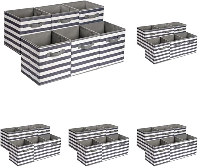 Amazon Basics Cube Organizer Storage Bins Handles,Collapsible Fabric,,10.5"x10.5"x11",White/ Light Grey Stripe,6 Count (Pack of 5)