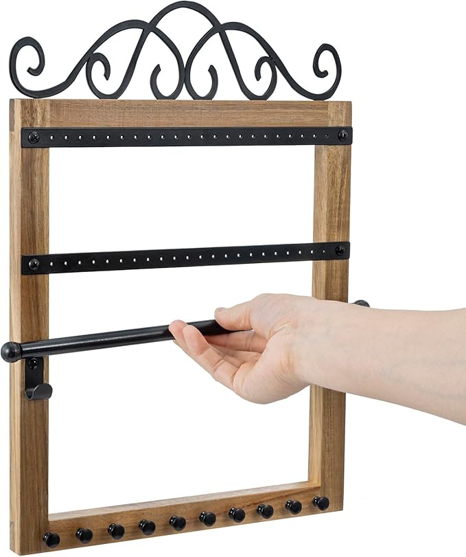 MyGift Premium Acacia Wood & Black Metal Wall Mounted Jewelry Organizer – Scrollwork Design Holder for Necklaces, Earrings, Bracelets & Accessories