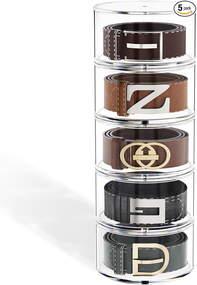 FEMELI Belt Organizer, Acrylic Belt Storage Holder for Closet & Drawer, 5-Layer Stackable Display Case for Belts, Watches, Jewelry and Ties