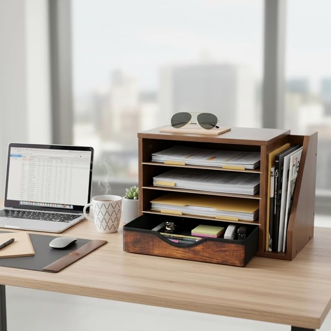 Wooden file Organizer with Drawer, Office Wood Desk Organizer with drawers, with 4 Adjustable Shelves, Mail Sorter with Drawer, Office Desk Paper Holder, Brown