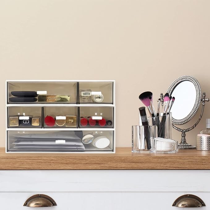 3 Tier Stackable Desk Organizer With 6 Drawers - Plastic Storage for Makeup and Desktop Organization (White)