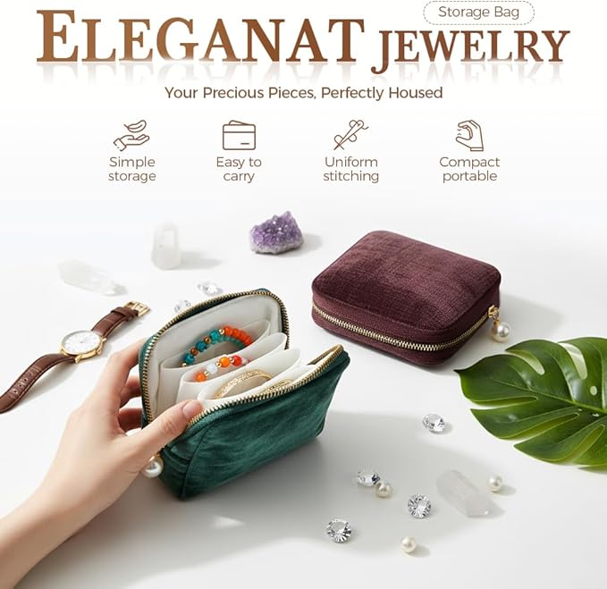 Travel Jewelry Case, Small Velvet Jewelry Pouch Bag with Zipper, Mini Portable Organizer for Earrings Rings Necklaces, Anti-Scratch Portable Storage Bag (Peacock Green)