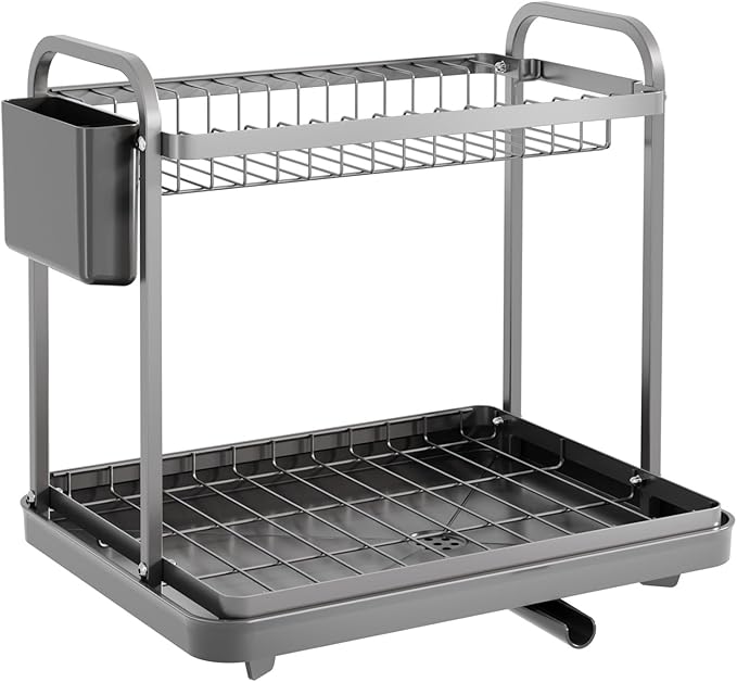 2-Tier Dish Drying Rack - Stainless Steel Dish Rack with Cutlery & Utensil Holders for Kitchen Counter, Sink Organization and Storage for Small Family, 15" W x 11.4" L x 15" H, Gray