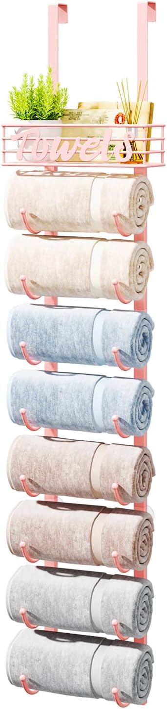 HapiRm Towel Racks for Bathroom Storage - 9 Tier Over The Door & Wall Mount Rolled Towel Storage Organizer Holder with Metal Shelf Basket for Small Bathroom, Camper, Rv - Pink, Patented