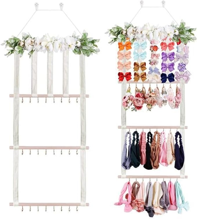 Hanging Hair Accessories Organizer, Hair Clips Storage Holder, Hair Bow Holder Organizer, Headband Holder, Hair Accessories Storage Display Wall Hanging Decor for Women Girls Room Closet(White-green)