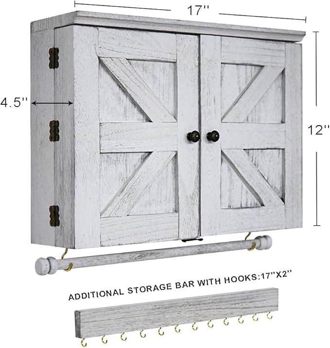 GLANT Rustic Wall Mounted Jewelry Organizer with Wooden Barndoor Decor,Wooden Wall Mount Holder,Jewelry holder for Necklaces, Earings, Bracelets, Ring Holder. (White)