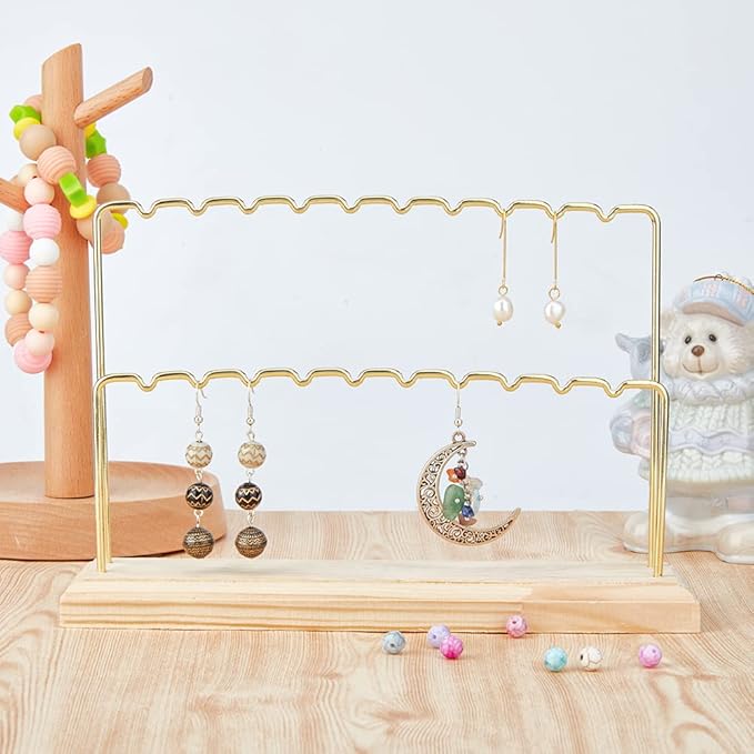 1Pcs 2-Tier Wood Earring Display Stand 8.66x5.9x1.97 Inch Long-Lasting Plated Metal Hanging Bar Stand with Iron Findings Golden Display Stands for Bracelet Necklace Earrings
