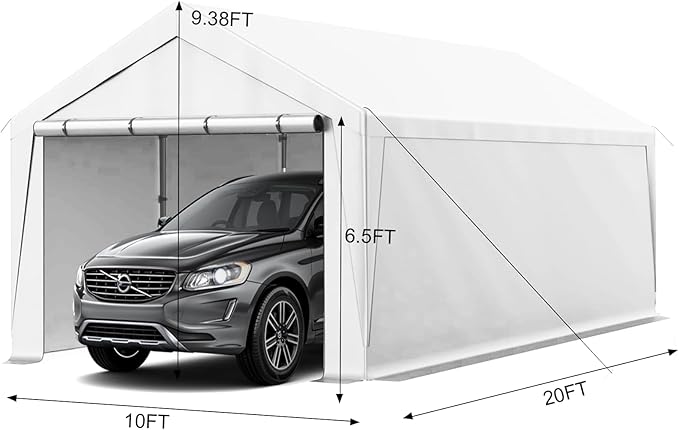 10x20 Carport, Heavy Duty Carports with Removable Sidewalls, Waterproof and UV-Resistant, Portable Outdoor Garage Shelter for Cars, Vehicles, and Boats (White)