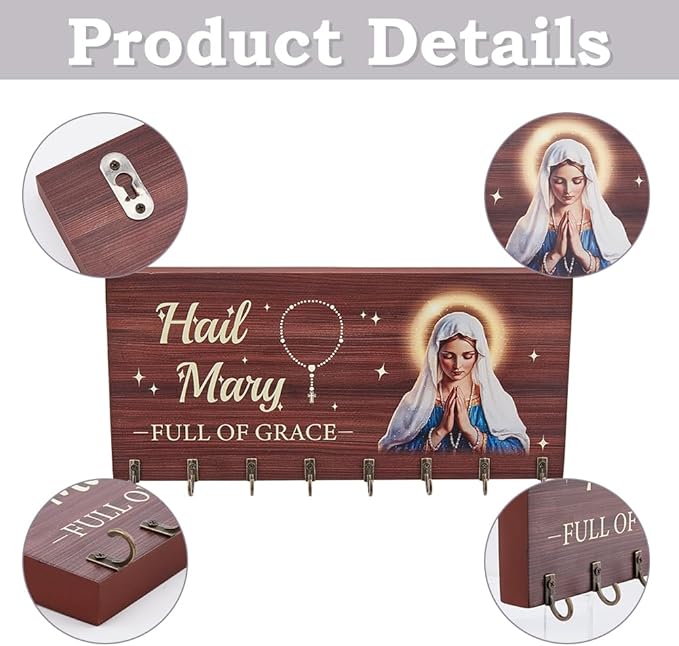 DICOSMETIC Wooden Rosary Holder Wall Mounted with 8 Hangers Wall Mounted Necklace Organizer Large Catholic Rosary Holder for Necklace, Bracelet Prayer Storage, 14x30x2.4cm