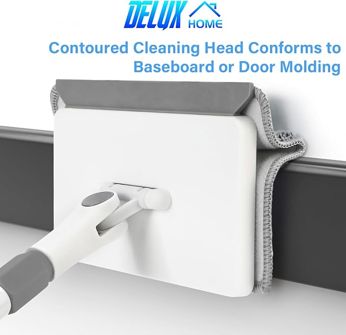 Baseboard Cleaner Tool with Handle, DELUX Baseboard Cleaner with Extendable Long Handle, 4 Reusable Cleaning Pads Wall Cleaner for Baseboards Cleaning, Ceiling, Wall, Floor, Shower Bathroom Kitchen