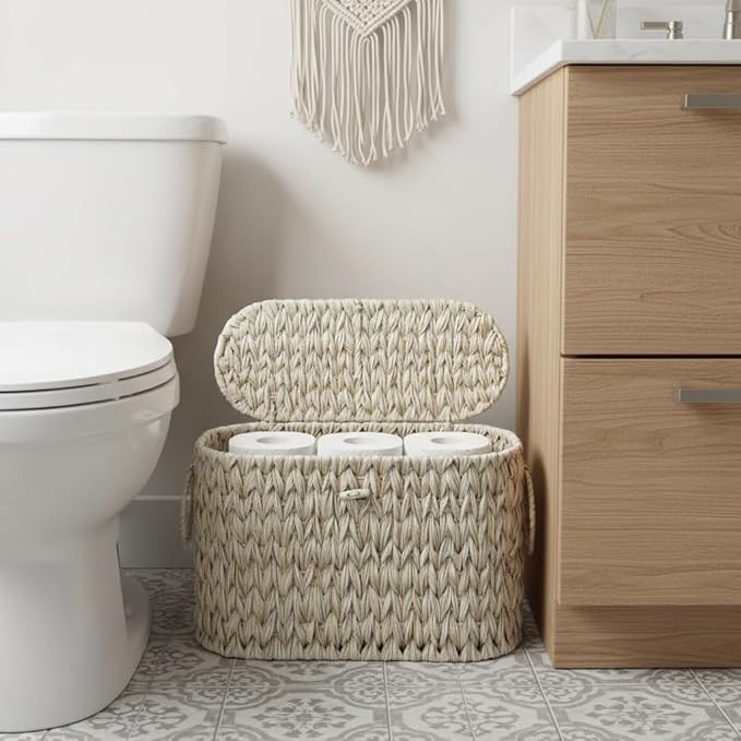 Toilet Paper Basket,Wicker Toilet Paper Storage with Lid,Decorative Boho Wicker Basket for Bathroom,Free Standing-Cream White