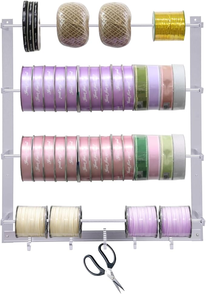 MOCHAG Craft Ribbon Holder Organizer Storage Rack, 4 Tier Wall Mount Retail Display Scarf &Tie Rack with 5 Hooks, Wire Spool Rack Ribbons Roll Storage Sewing Tool Rack for Home Clothing Retail Store