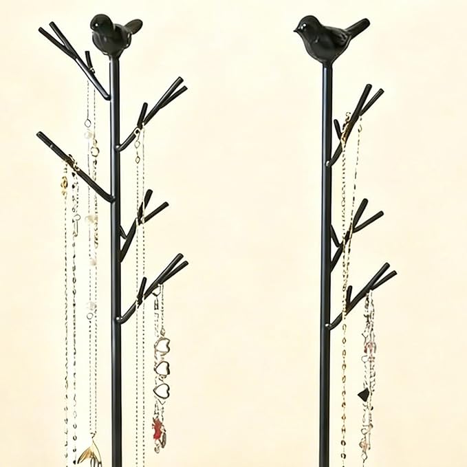 Jewelry rack, bird tree tower, hanging ring, earring, necklace, bracelet, suitable for living room, bathroom, office - black
