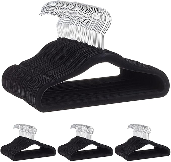 Amazon Basics Kids Velvet,Non-Slip Clothes Hangers for Infant and Toddler,11.6 in (for Baby Clothes),Black,50 Count (Pack of 4)