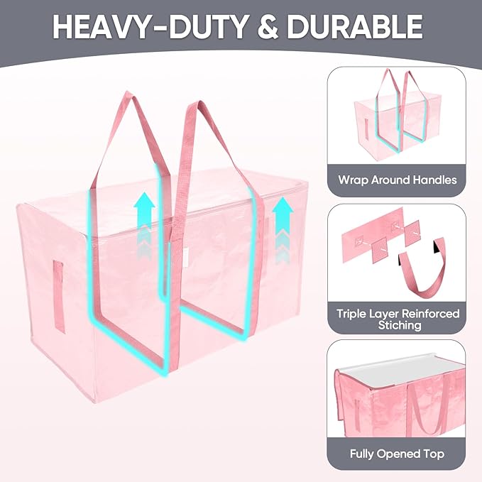 TICONN 8 Pack Extra Large Moving Bags Heavy Duty with Zippers & Carrying Handles, Durable Storage Bags Moving Boxes for Closet Organizers and Storage (8 Pack, Coral)